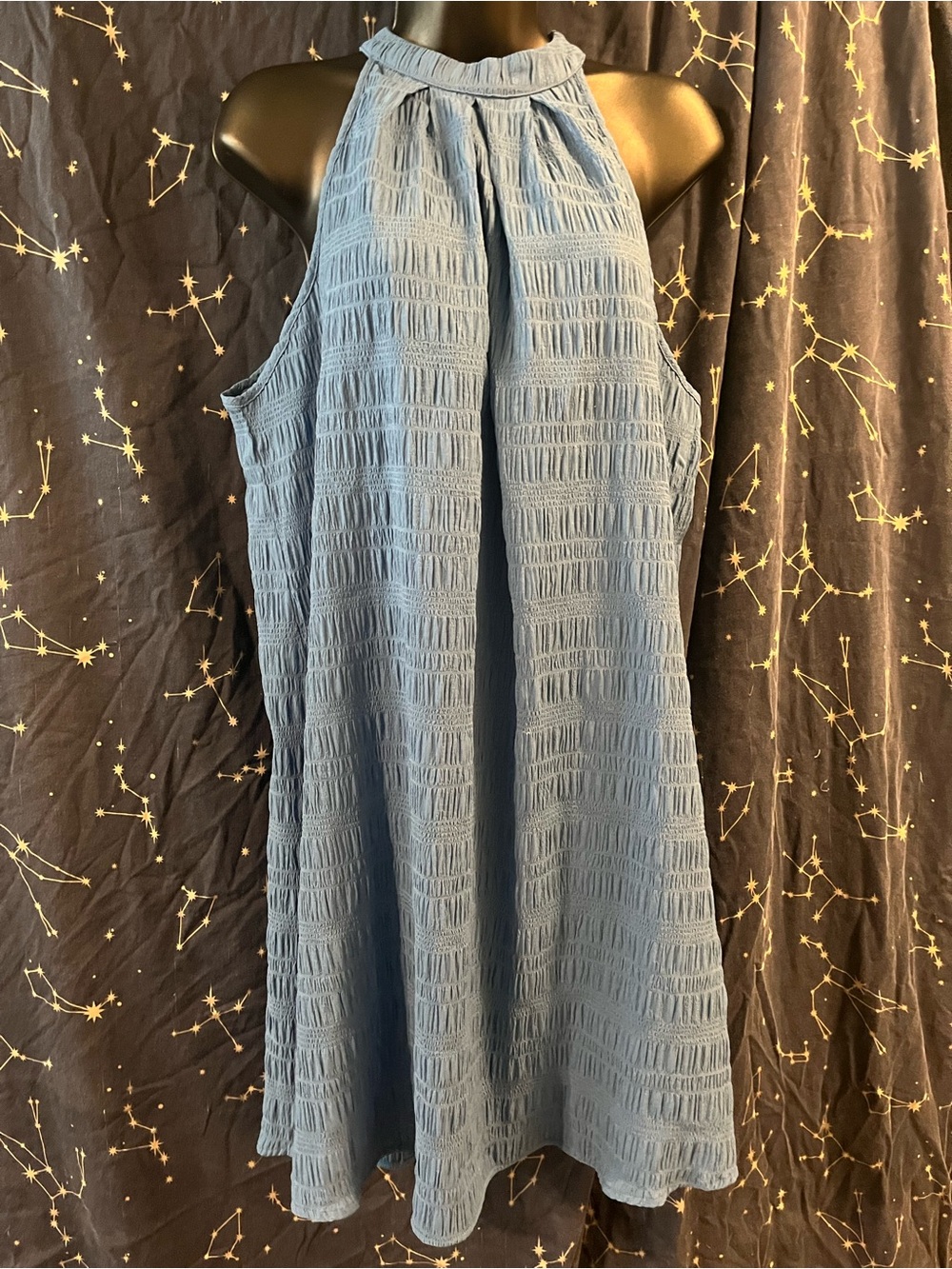 Sleeveless Textured Halter Dress in Dusty Blue